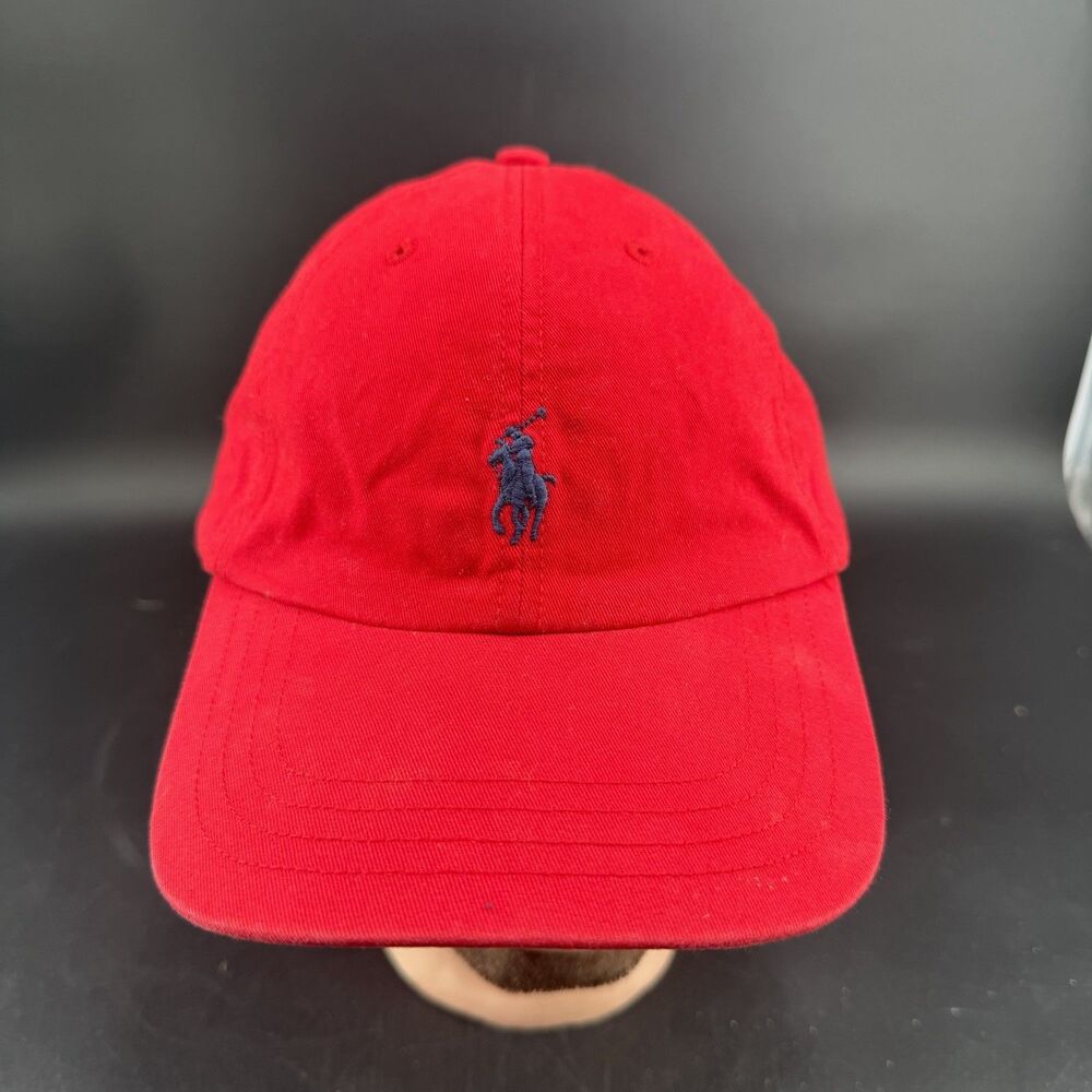 VTG Polo Ralph Lauren Red Adjustable Strap Back Baseball Hat Cap Blue Pony